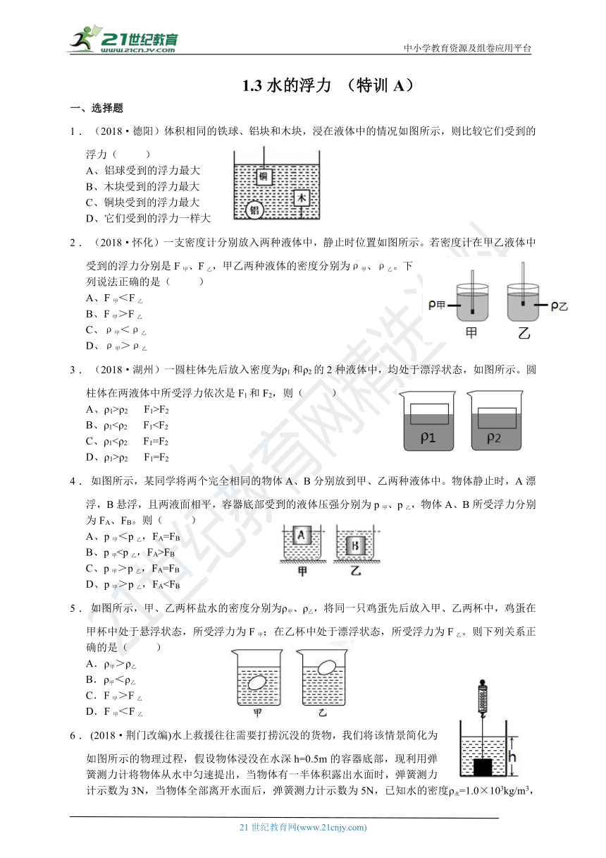 【习题精练】 1.3 水的浮力（特训A）