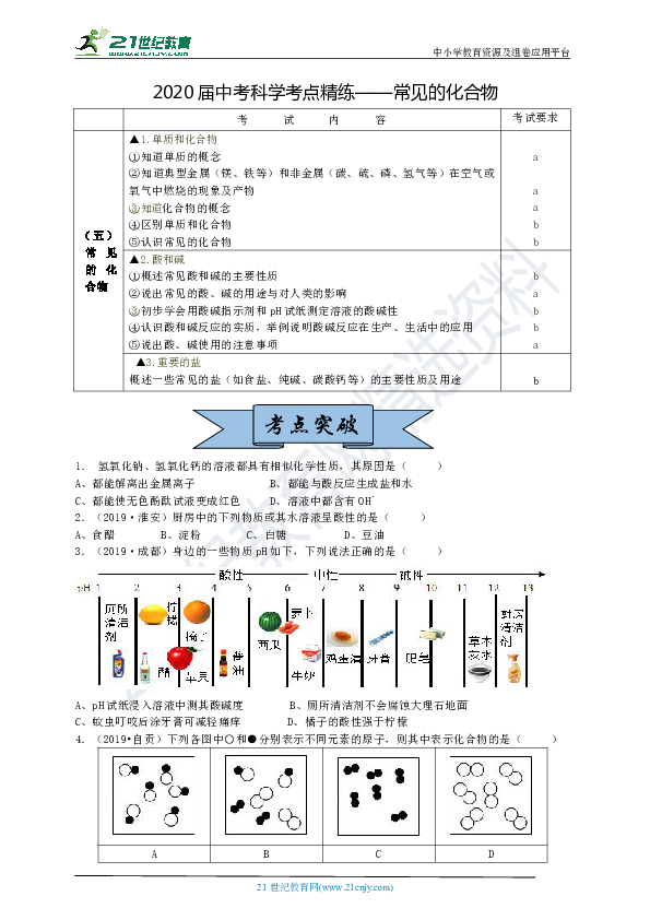 【备考2020】2020届中考科学考点精练——常见的化合物