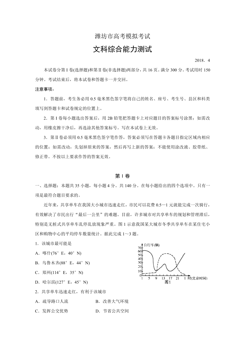 2018年山东潍坊二模考试文科综合试题 Word版含答案