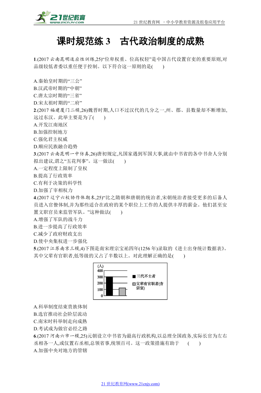 2019历史岳麓版一轮课时规范练3 古代政治制度的成熟
