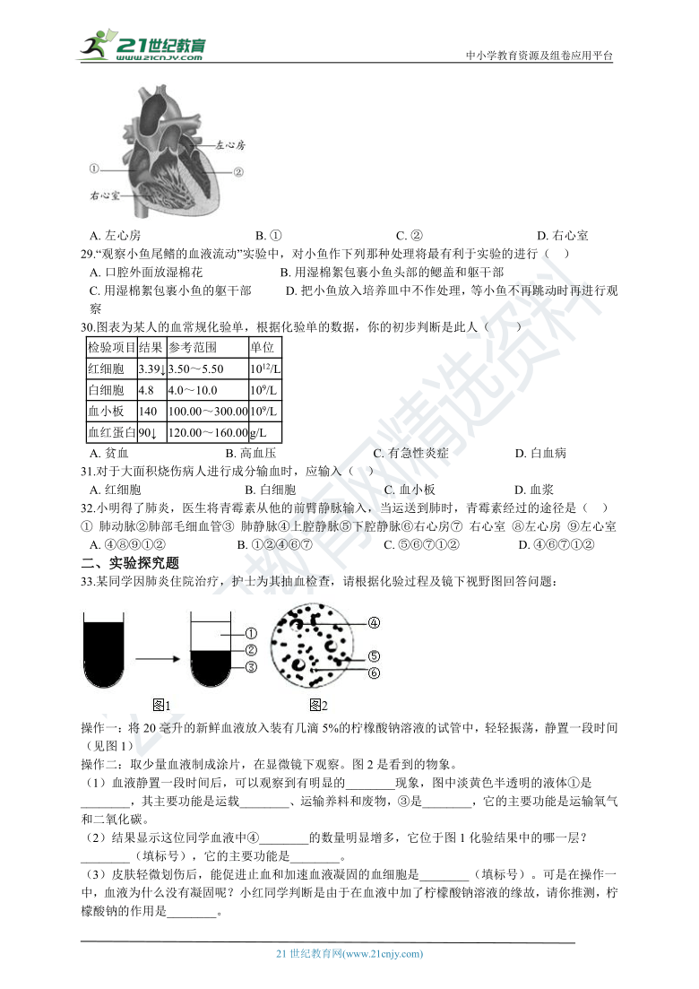 主题四  生物圈中的人  专题二  人体内物质的运输（含解析）