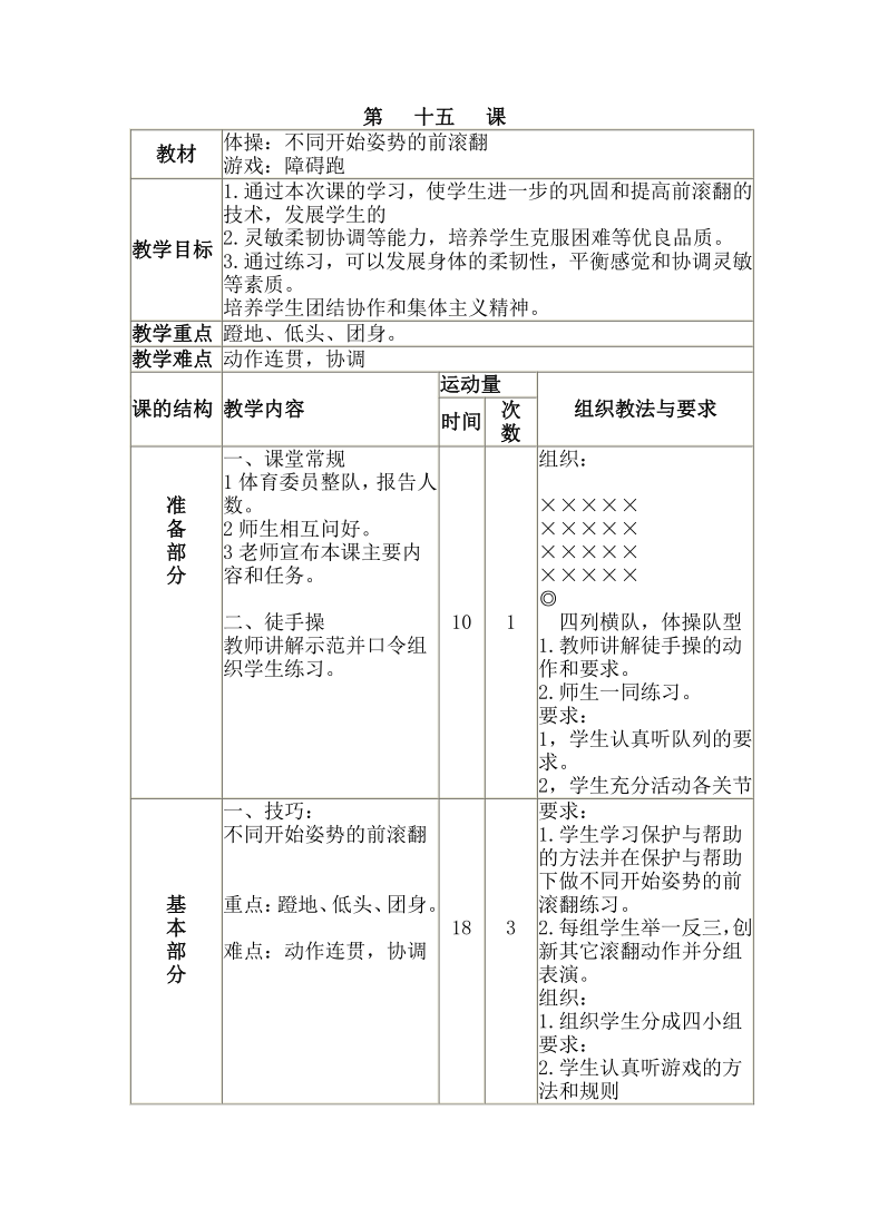 三年级全册体育与健康表格式教案-第十五课1.体操：不同开始姿势的前滚翻2.游戏：障碍跑 人教版