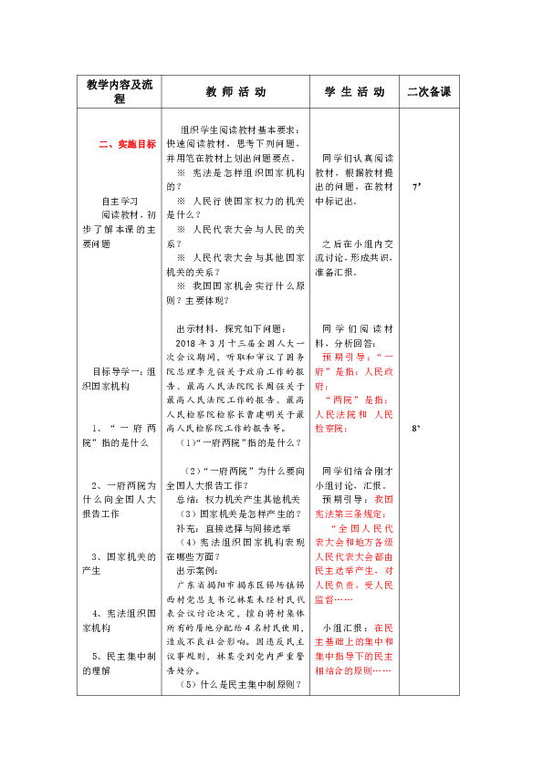 1.2 治国安邦的总章程 教案（表格式）