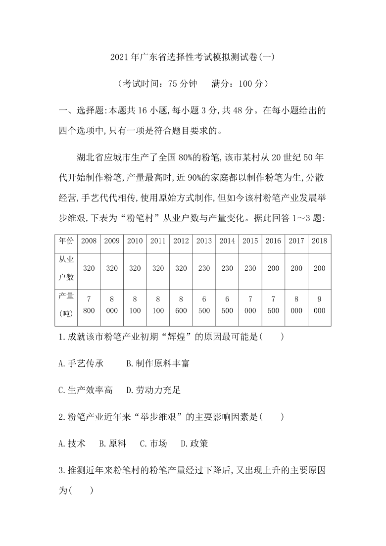2021年广东省选择性考试地理1月模拟测试卷(一) Word版含解析
