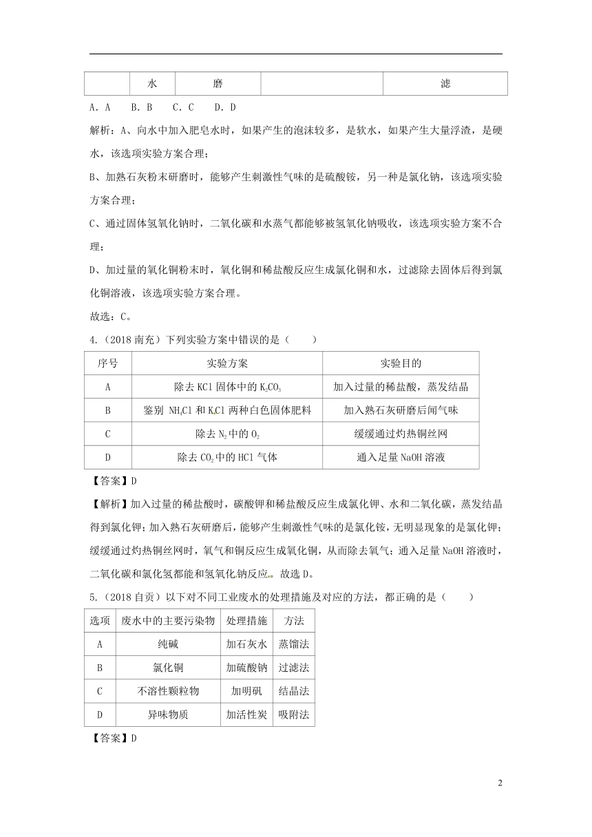 2018中考化学题分类汇编物质的鉴别、分离和除杂（含解析）