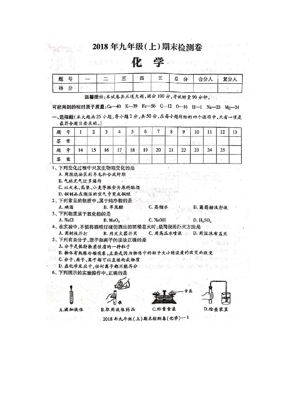 湖南省邵阳县2018-2019学年度九年级（上）化学期末检测卷（扫描版，有答案）