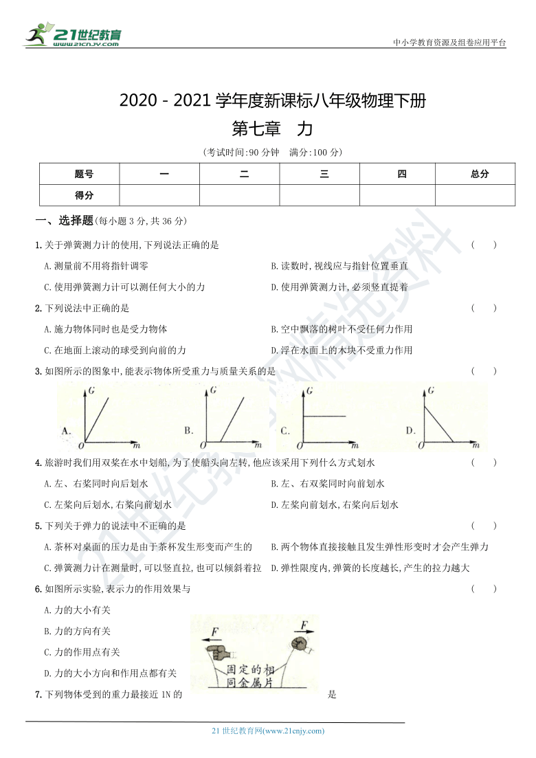 第七章  力－2020－2021学年度八年级物理下册备考期末高分必刷卷 有解析