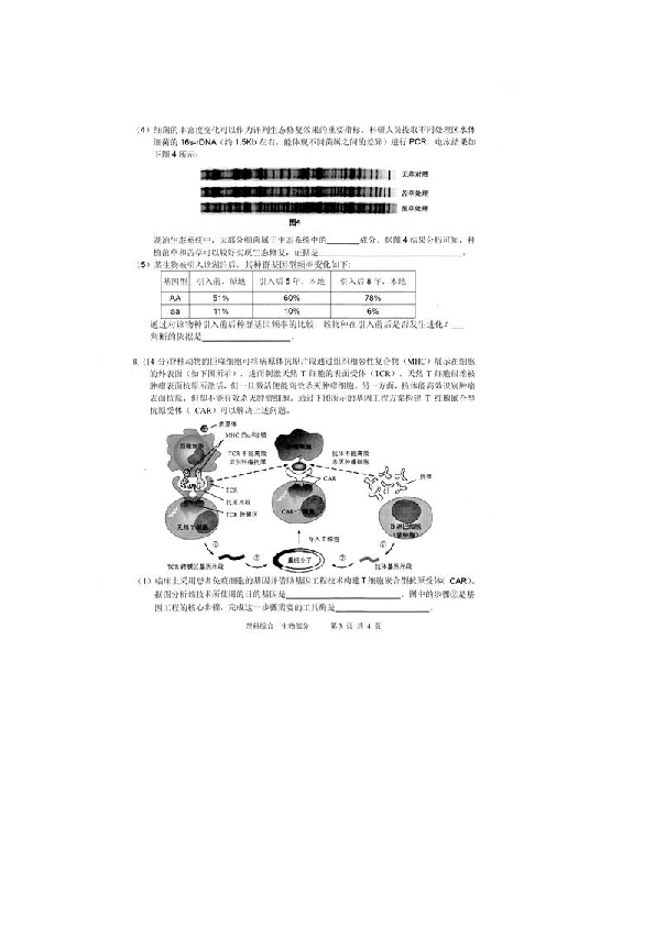 天津市滨海新区大港油田第一中学2019届高三一模生物试卷 扫描版含答案