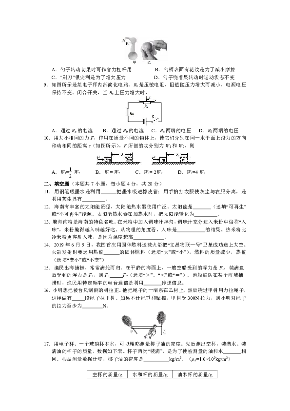 海南省2019年初中学业水平考试物理试题（word版 有答案）