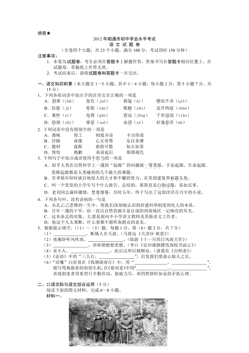 云南省昭通市2012年中考语文试题（word版有答案）