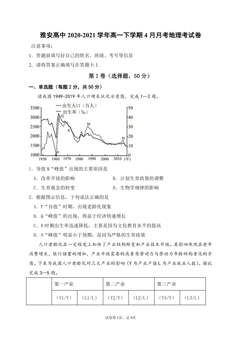 四川省雅安高中2020-2021学年高一下学期4月月考地理试题 Word版含答案