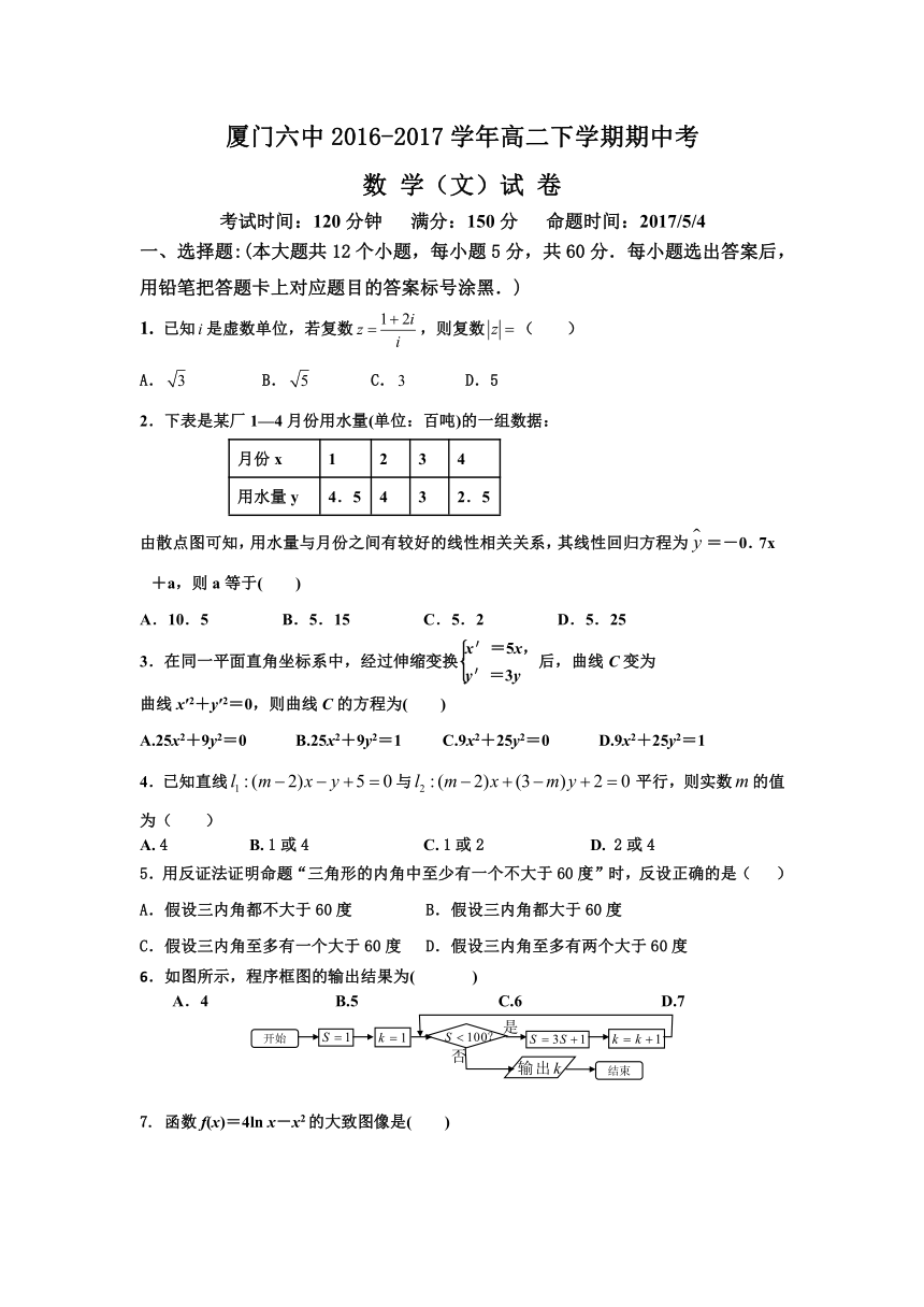 福建省厦门六中2016-2017学年高二下学期期中考试数学文试卷+Word版含答案