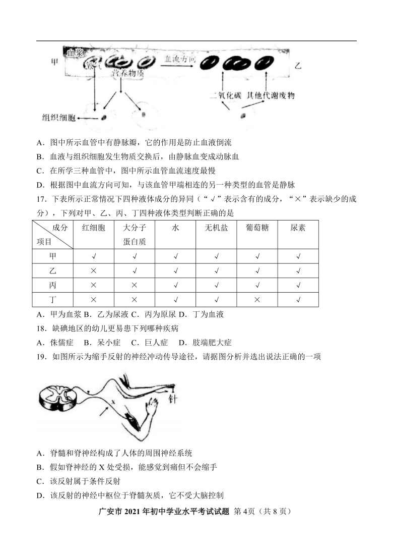 四川省广安市中考2021年生物试题(word版无答案)