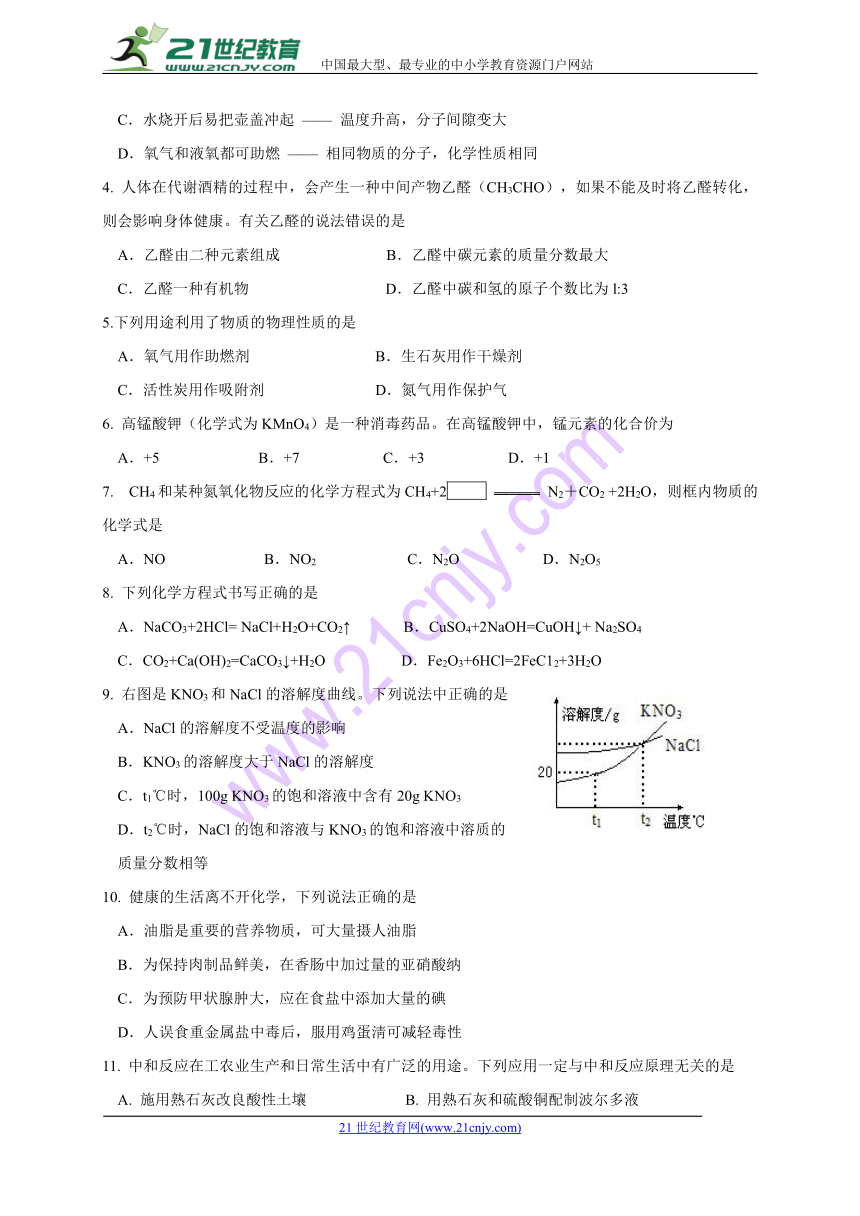 山东省淄博市高青县2018届九年级第一次模拟考试化学试题