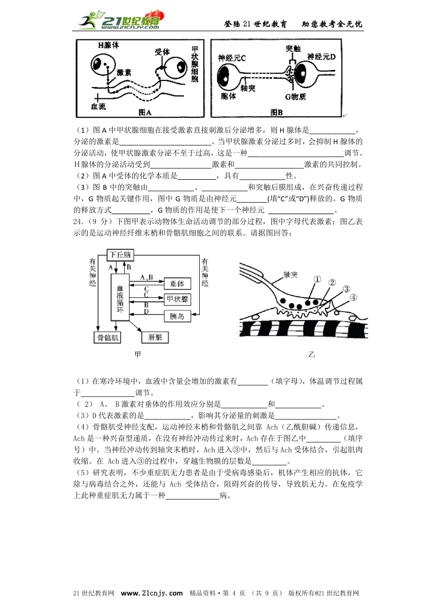 人教版2014-2015高二上学期期中复习 必修三 第2章——激素调节