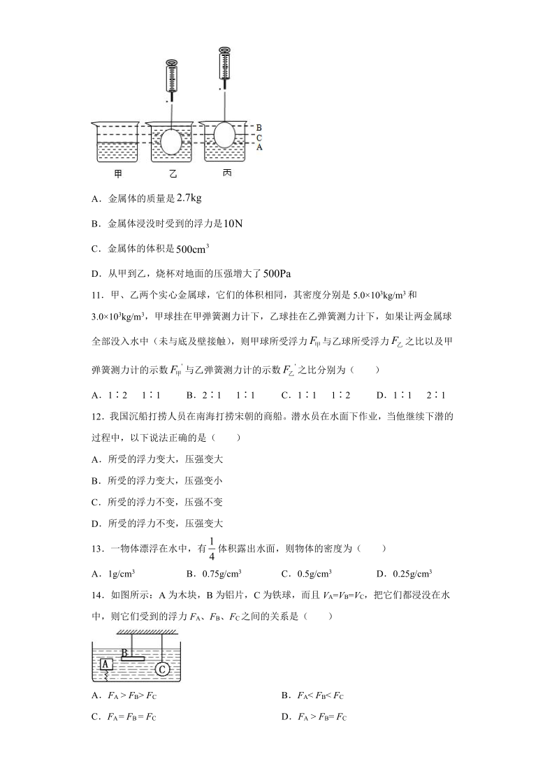 人教版初中物理八年级下册：10.2阿基米德原理 达标作业（含解析）