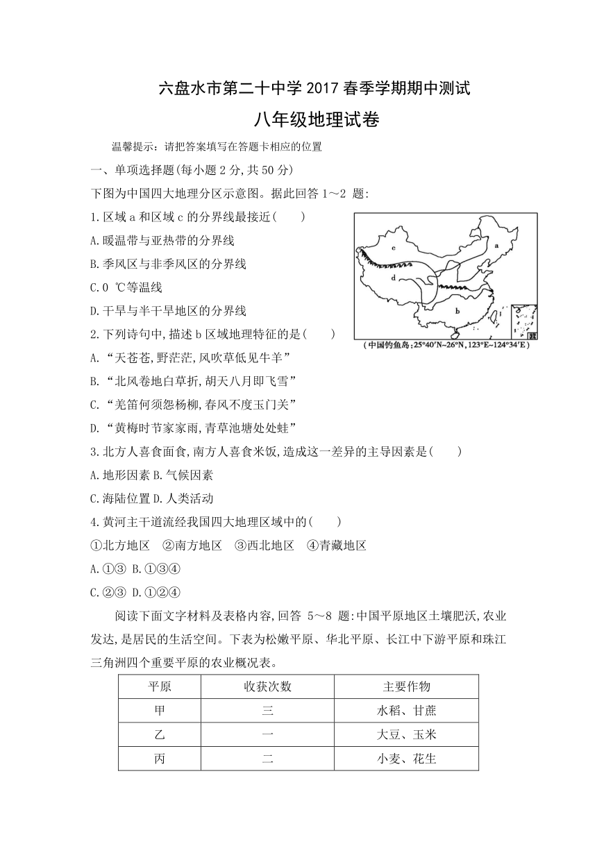 贵州省六盘水二十中2016-2017学年八年级下学期期中考试地理试卷