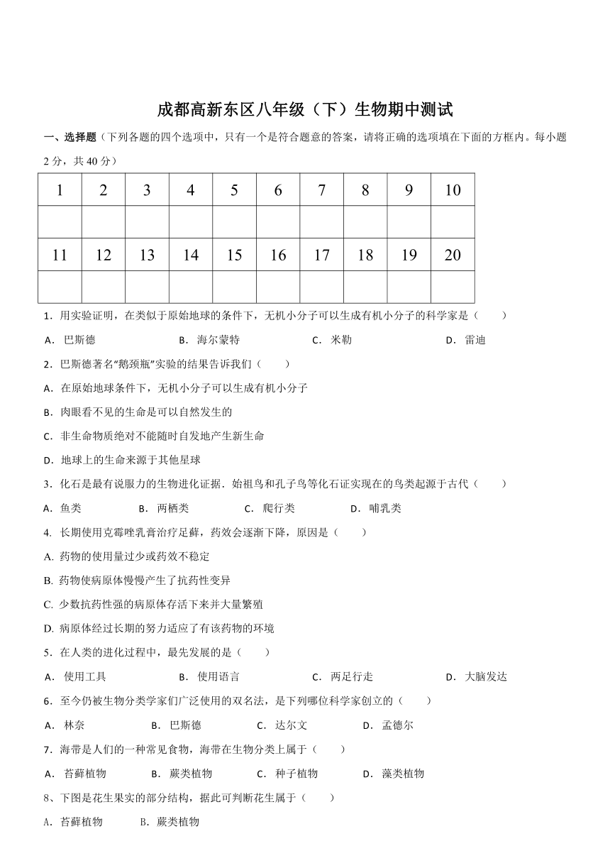 四川省成都市高新东区2017-2018学年八年级下学期期中考试生物试题