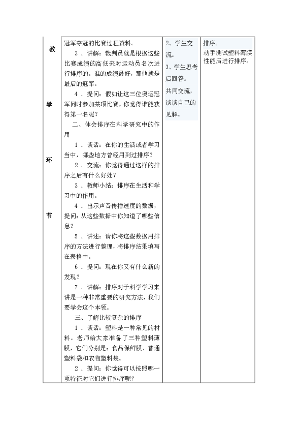 排序 集体备课 教案（表格式）