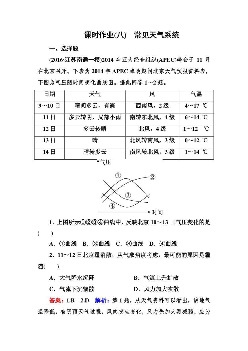 高考地理一轮教材复习之 专题课时作业8 常见天气系统（含答案解析）