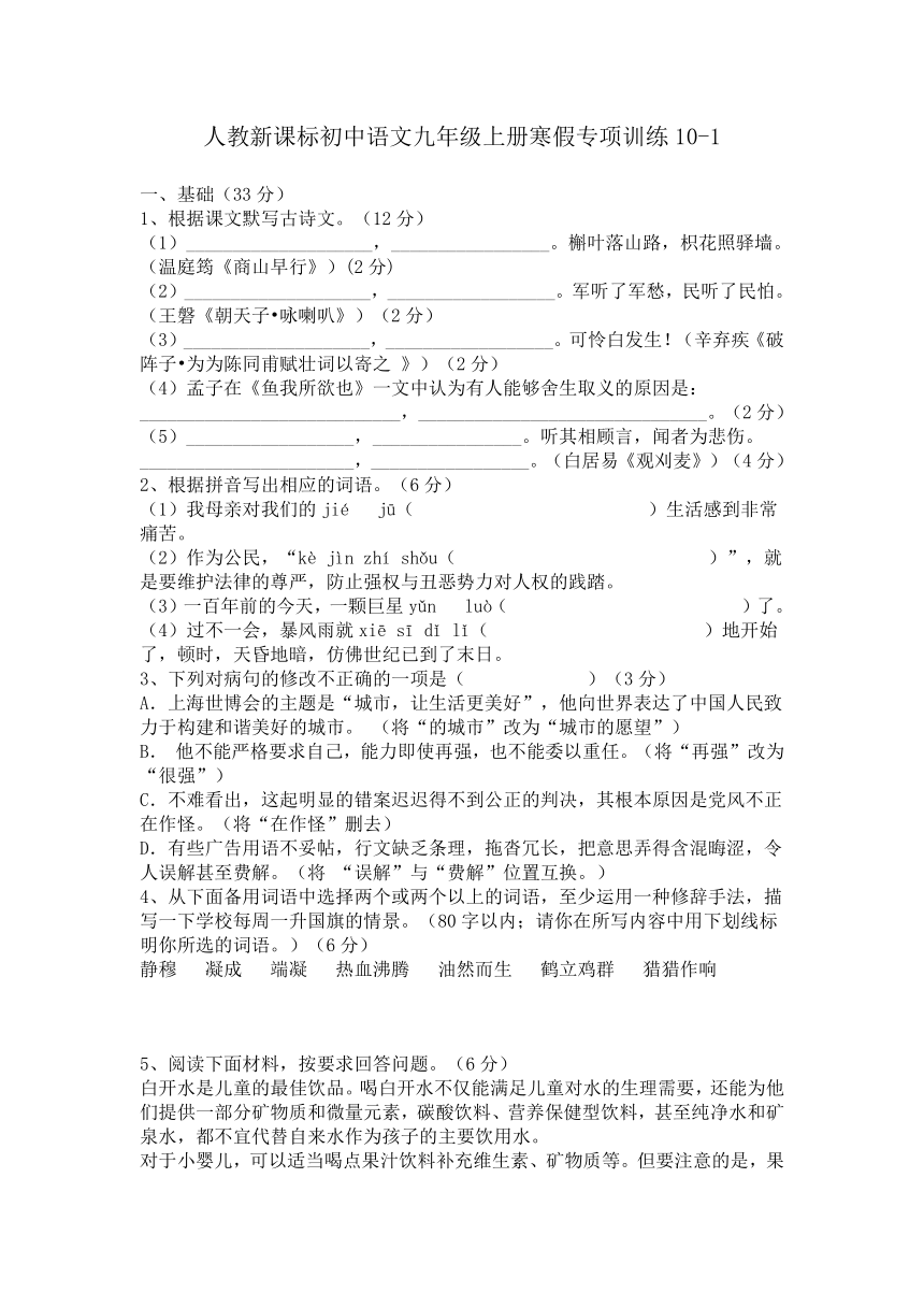 人教新课标初中语文九年级上册寒假专项训练10-1（含答案解析）