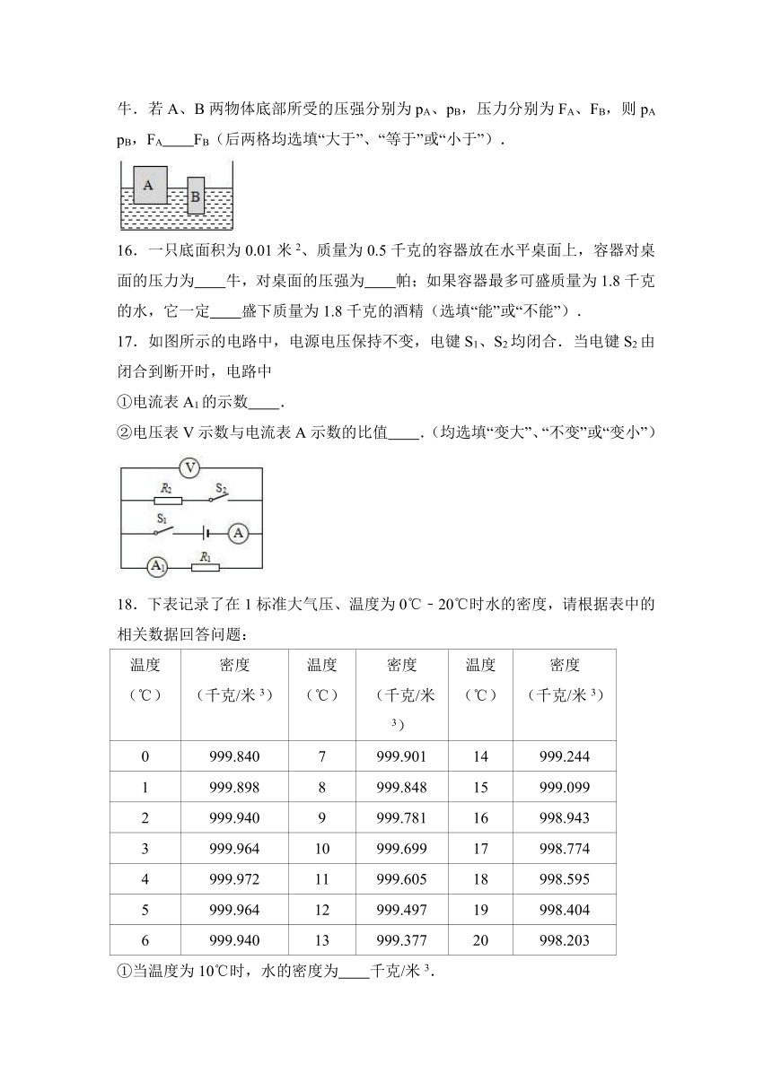 2017年上海市青浦区中考物理一模试卷（解析版）