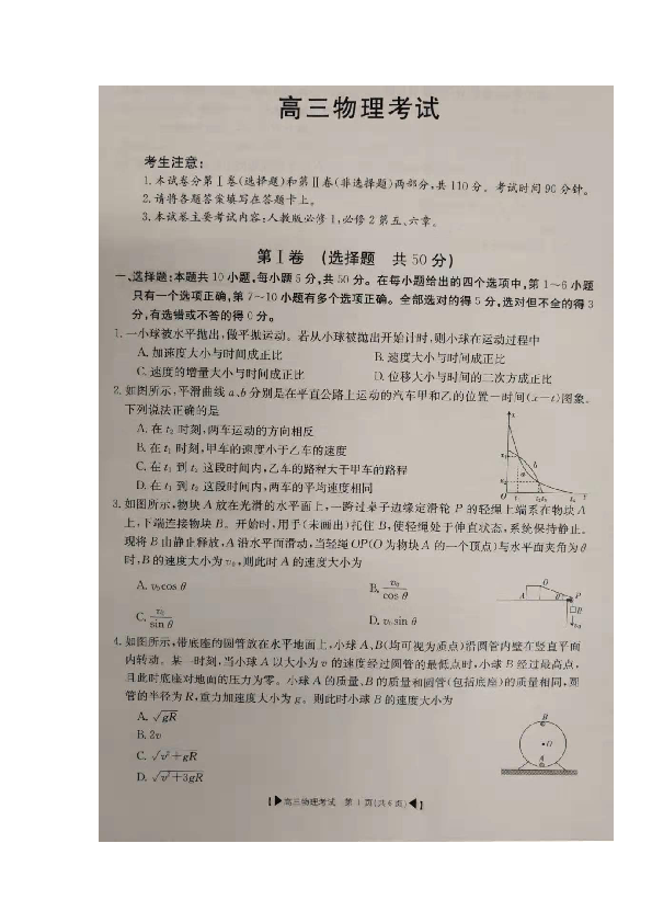湖北省天门市天门外国语2020届高三10月阶段性考试物理试题 扫描版含答案