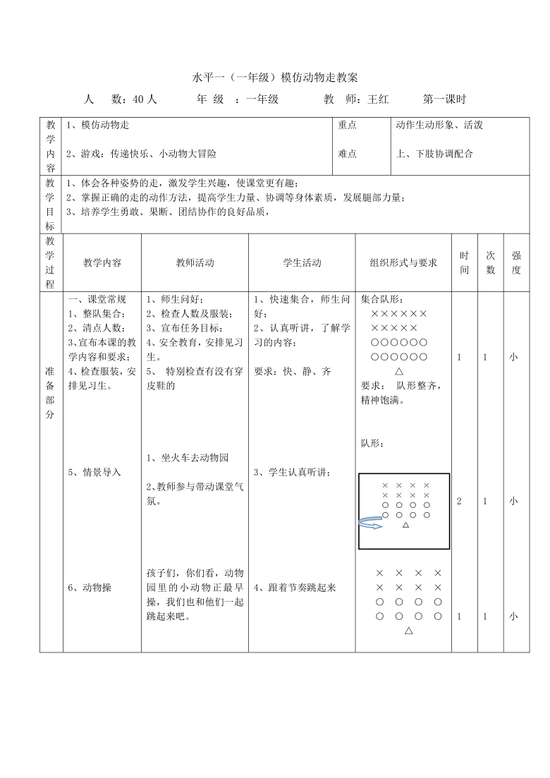 人教版体育课水平一（一年级）模仿动物走教案