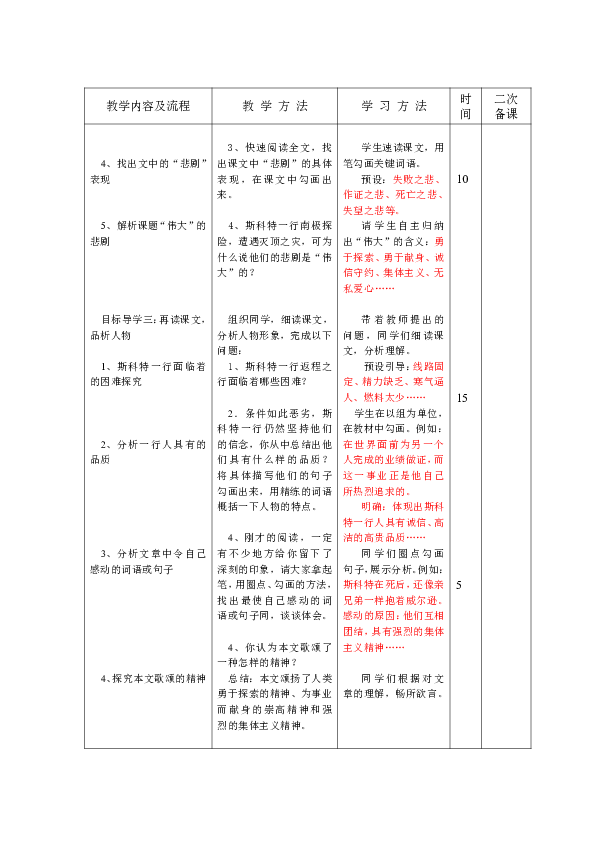 21 伟大的悲剧 教学案(表格式,2课时)