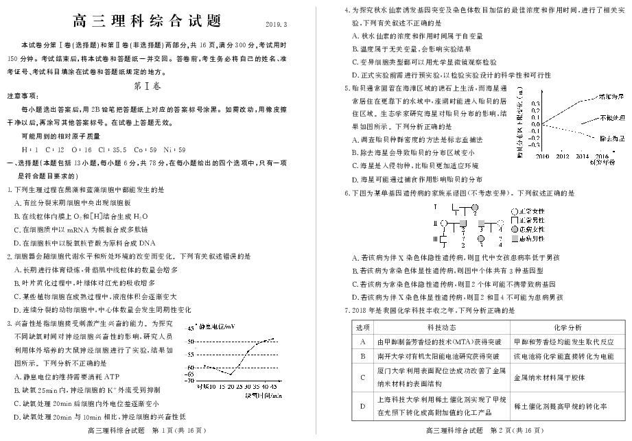 山东省德州市2019届高三下学期一模考试理科综合试卷（PDF版）