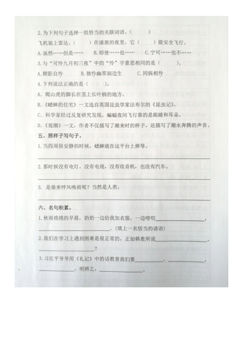 山东省滨州市2019-2020学年第一学期四年级语文期中教学质量检测（图片版，含答案）