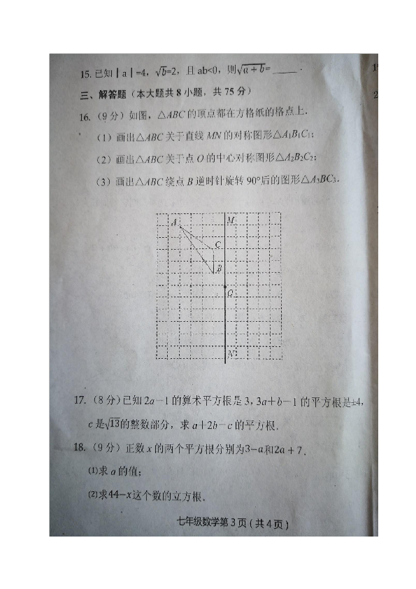 河南省洛阳市洛宁县2018-2019学年七年级下学期期末考试数学试题（图片版，含答案）