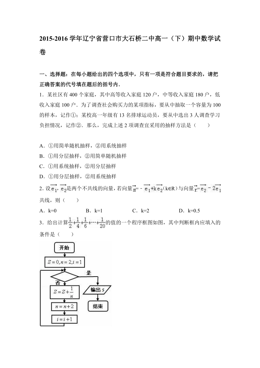 辽宁省营口市大石桥二中2015-2016学年高一（下）期中数学试卷（解析版）