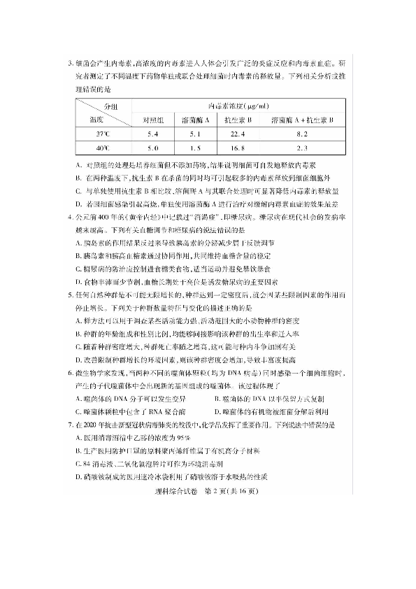 武汉市2020届高中毕业生学习质量检测（3月份）理科综合试题（扫描版含答案）