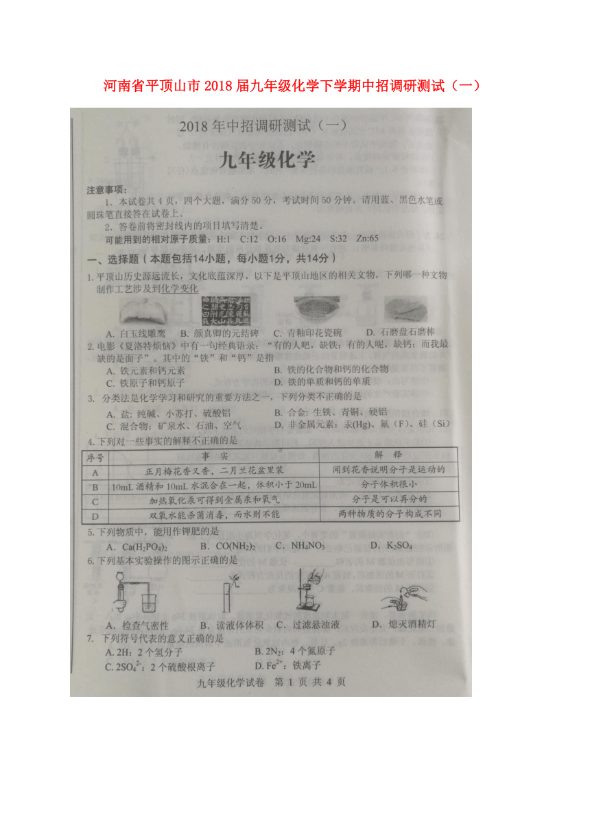 河南省平顶山市2018届九年级化学下学期中招调研测试（一）（扫描版）