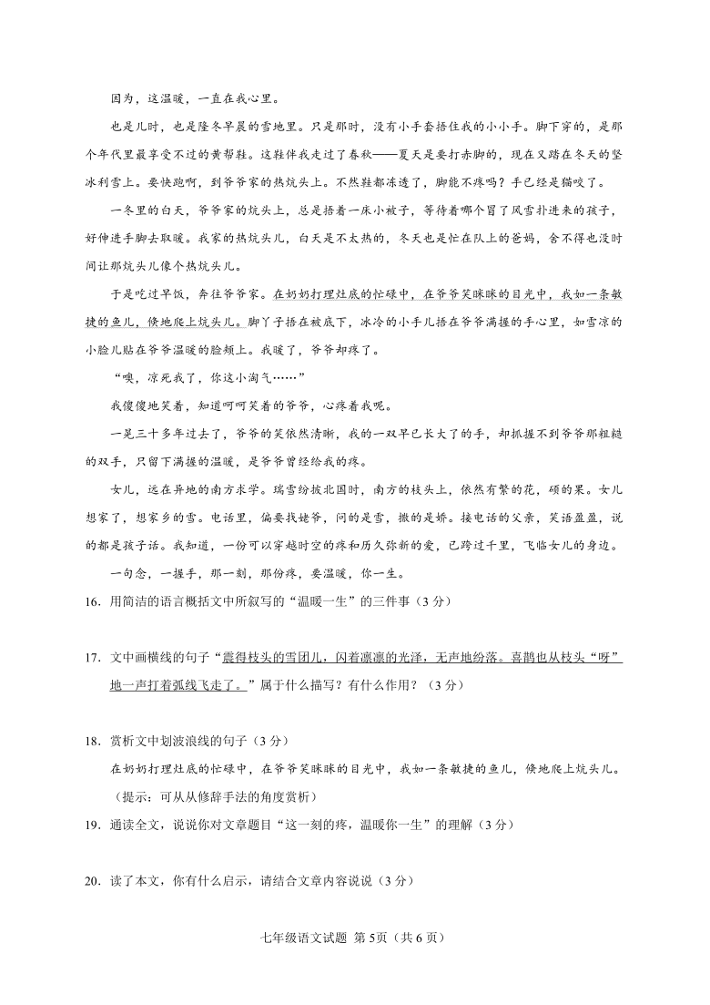 山东省菏泽市定陶区2019-2020学年第二学期七年级语文期末考试试题（word版，含答案）