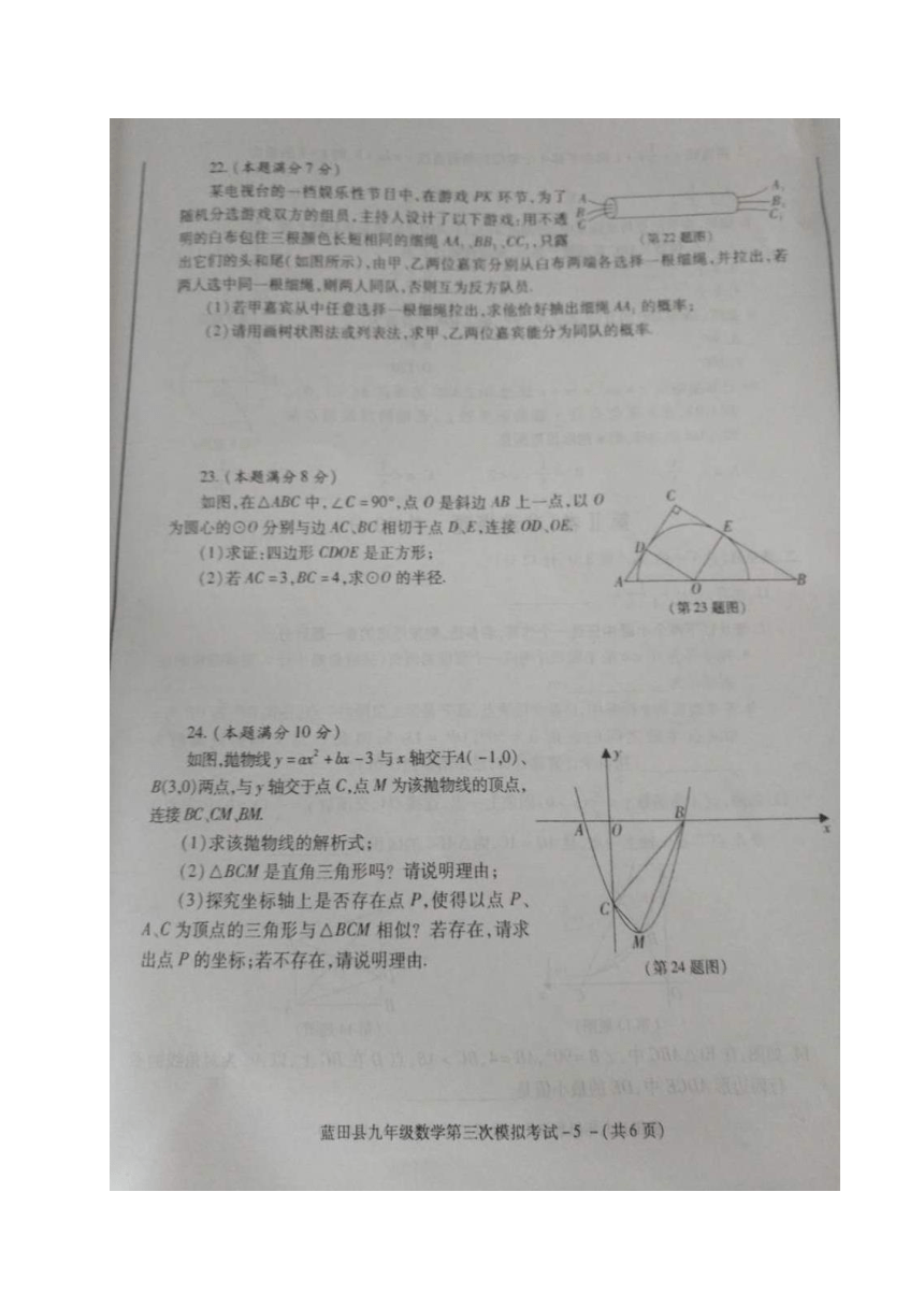 陕西省蓝田县2017届九年级数学下学期第三次模拟试题（扫描版）