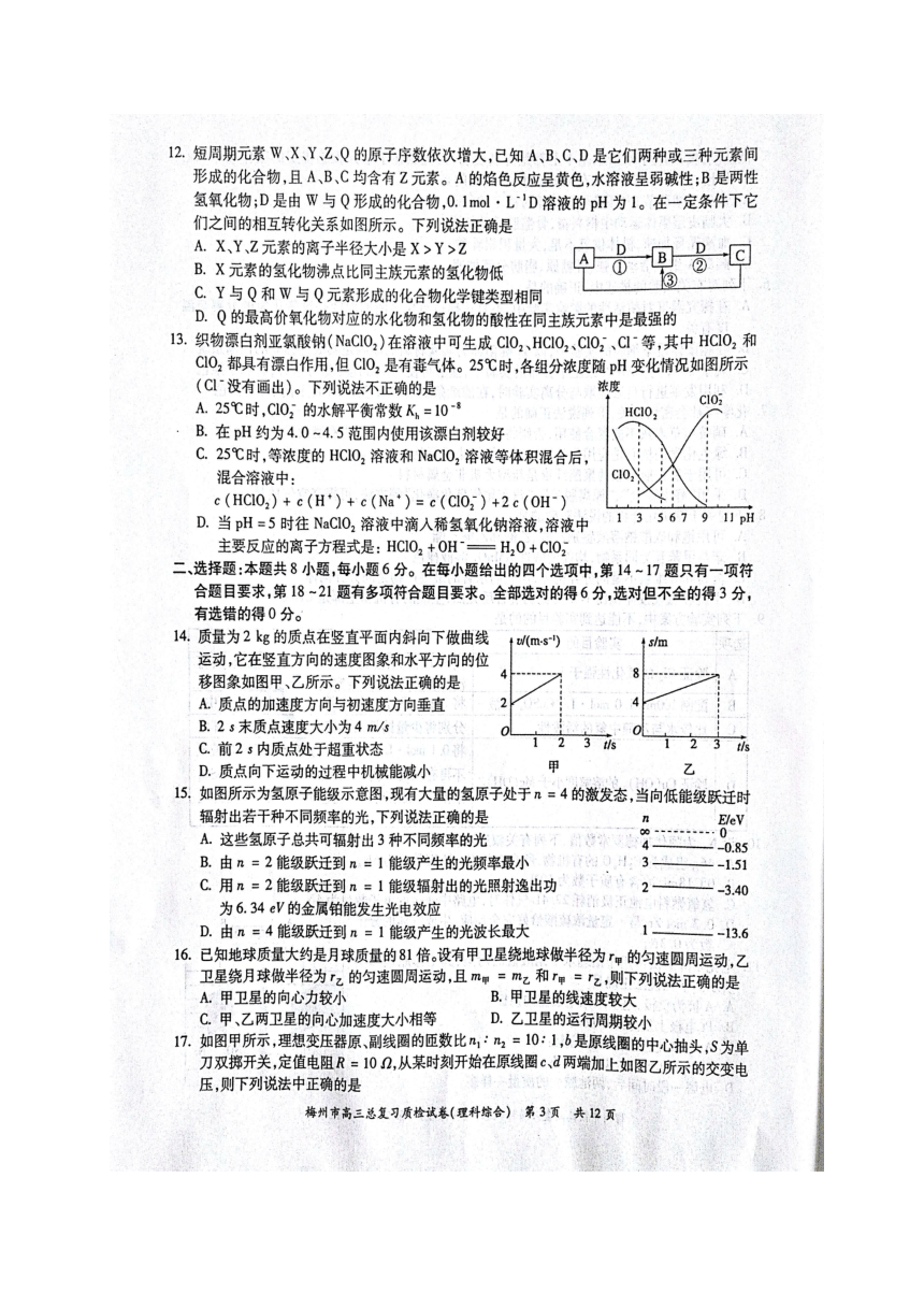 广东省梅州市2017届高三下学期一检（3月）理科综合试题（图片版含答案）