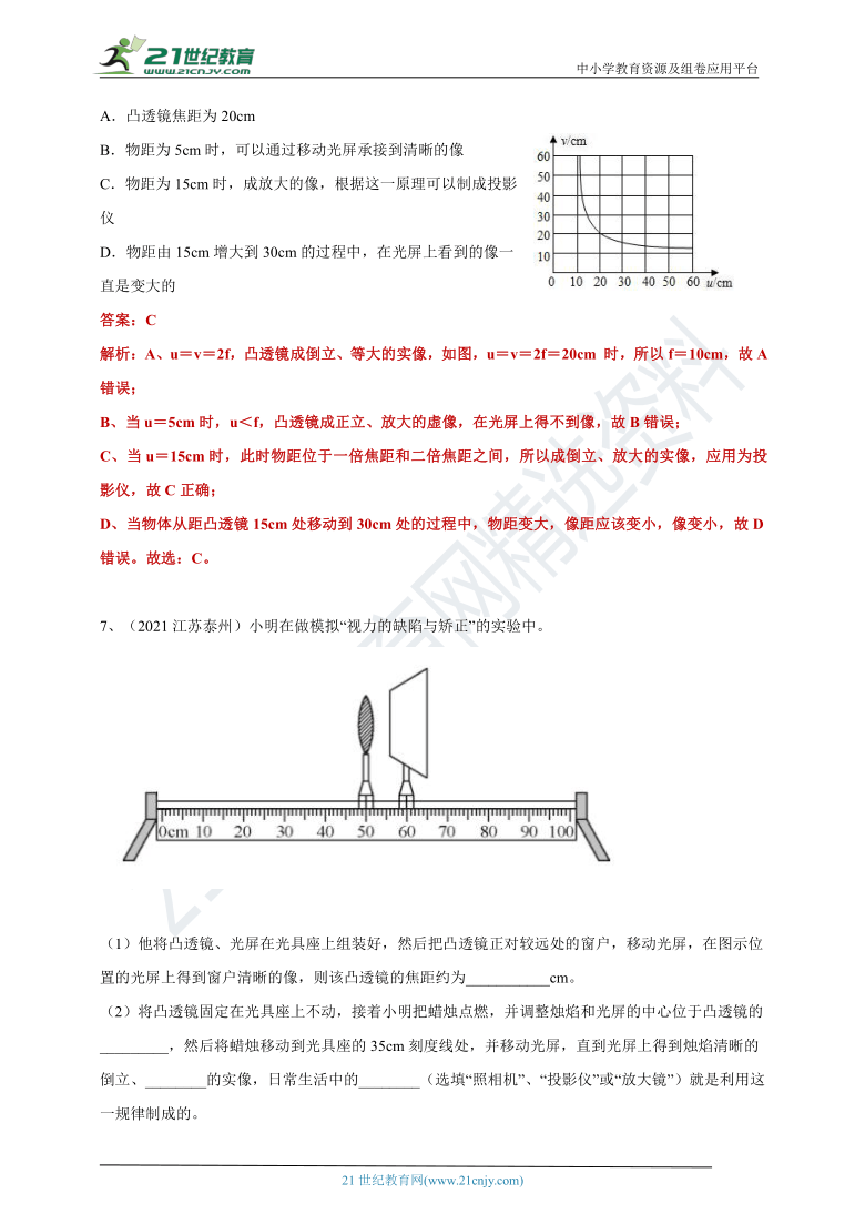 【备考2022】2021中考物理真题分类汇编80套 专项突破40---凸透镜成像实验（含答案或解析）