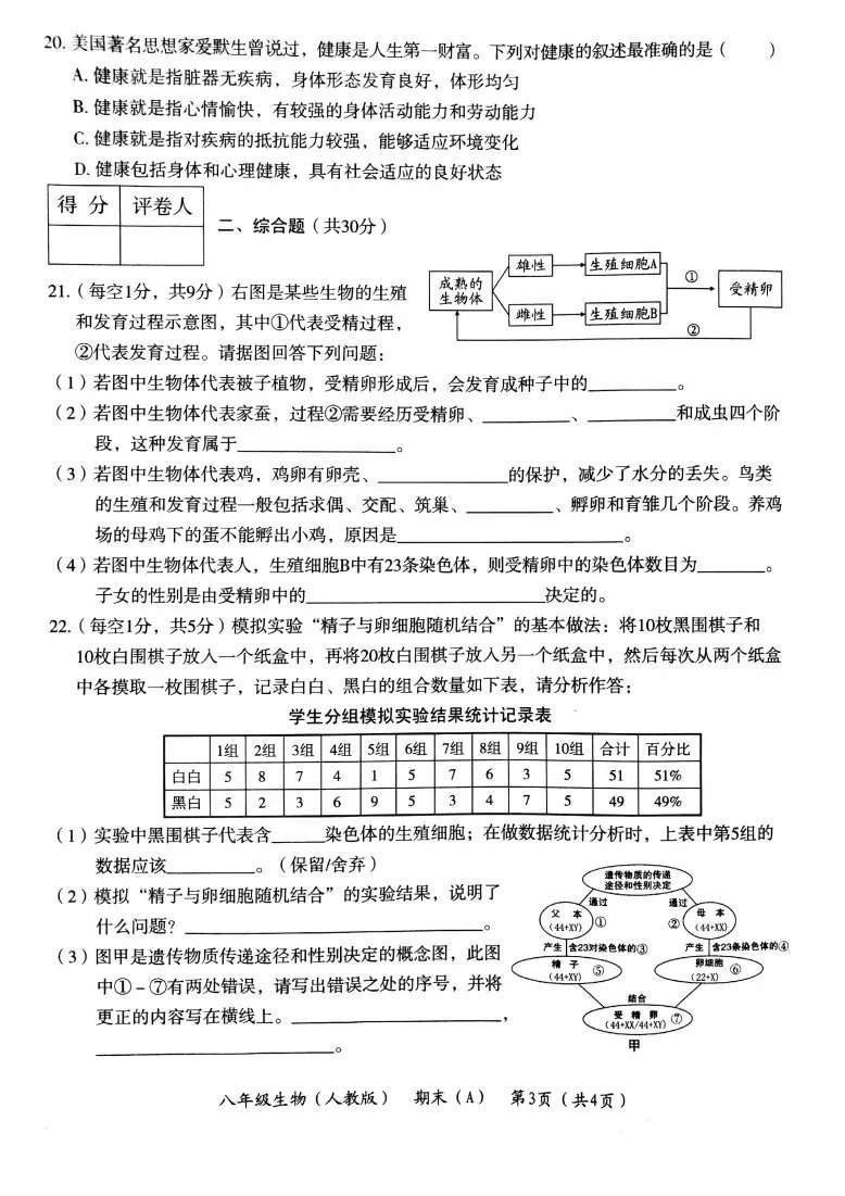 河南省2018-2019学年第二学期期末教学质量检测八年级生物（A）试题 （PDF版）