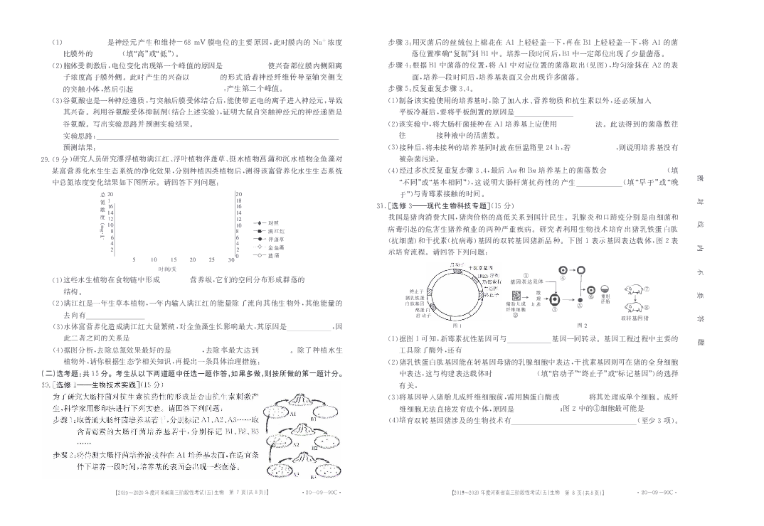 河南省2019-2020学年高三阶段性考试五生物试卷 PDF版（无答案）