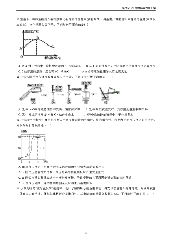 备战2020中考科学专题汇编    酸和碱的物化性质（含解析）