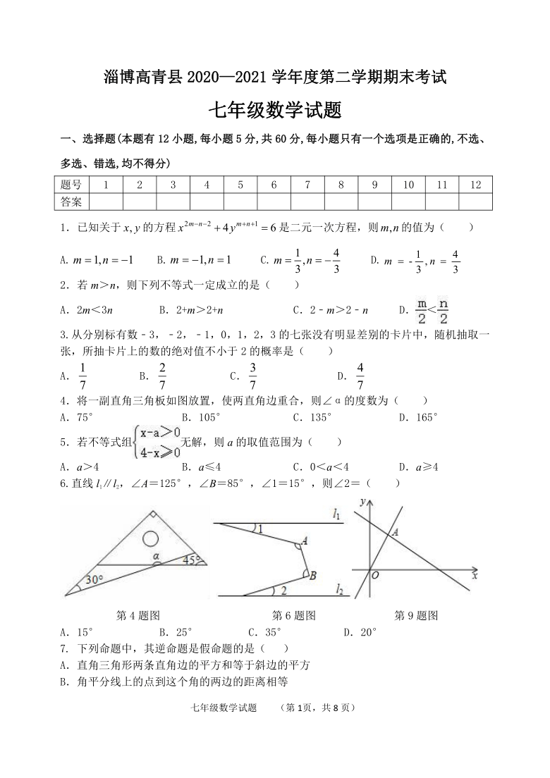 山东省淄博市高青县2020-2021学年第二学期（五四学制）七年级数学期末试题（word版，含答案）