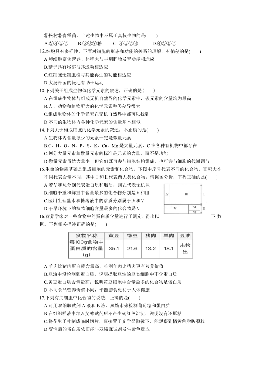 广东省深圳实验学校2021-2022学年高一上学期第一阶段考试生物（word含答案）