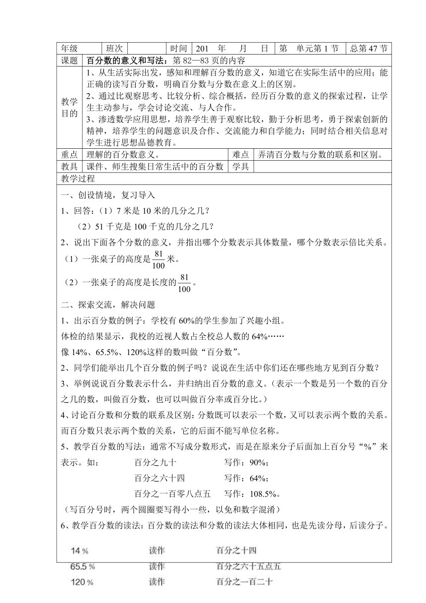 人教版小学六年级数学上册第六单元百分数表格式教案