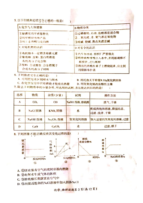 2019黑龙江省大庆市中考化学卷（扫描版无答案）