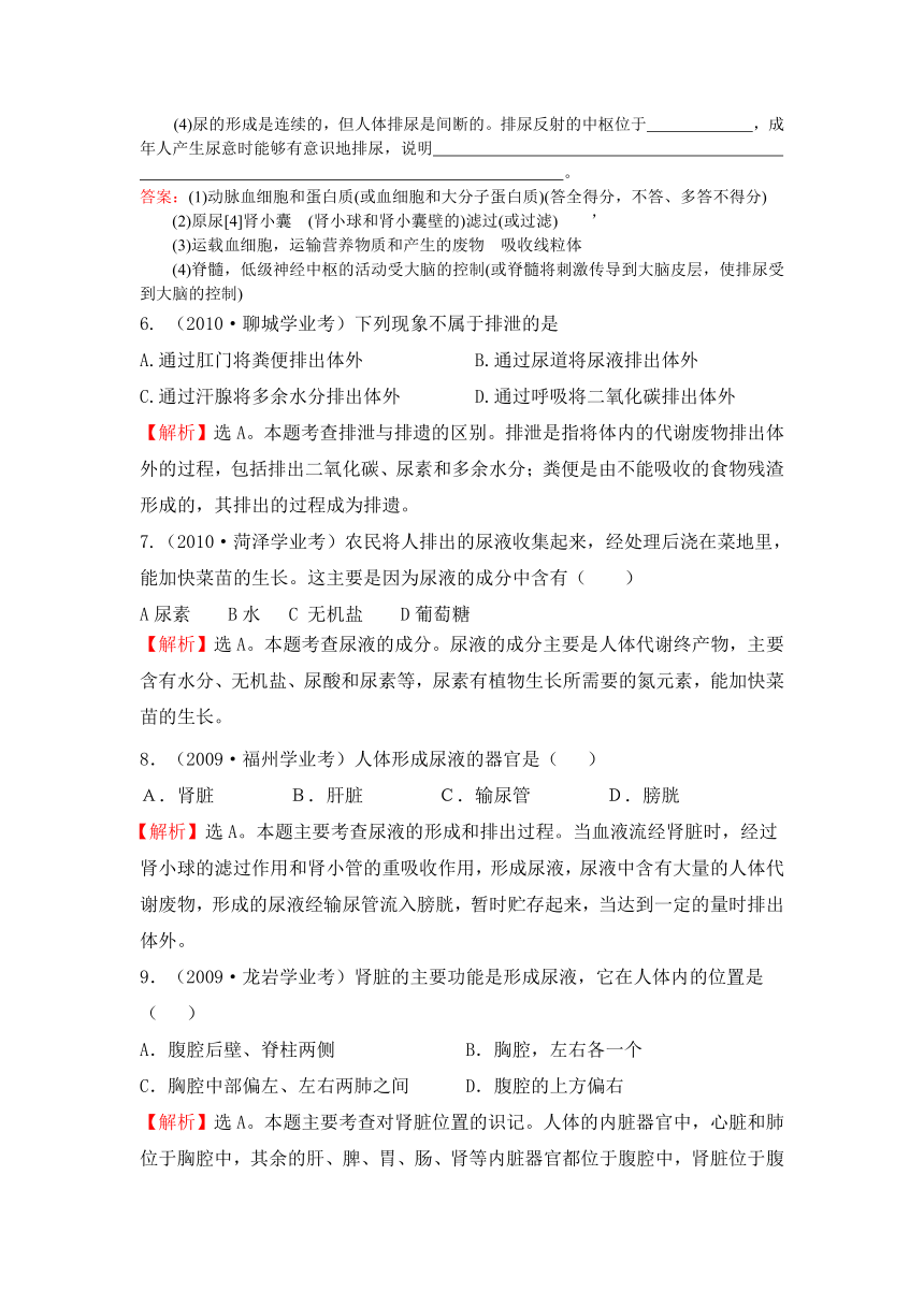 2008-2011全国各地中考生物分类详解中考题库十生物圈中的人——泌尿