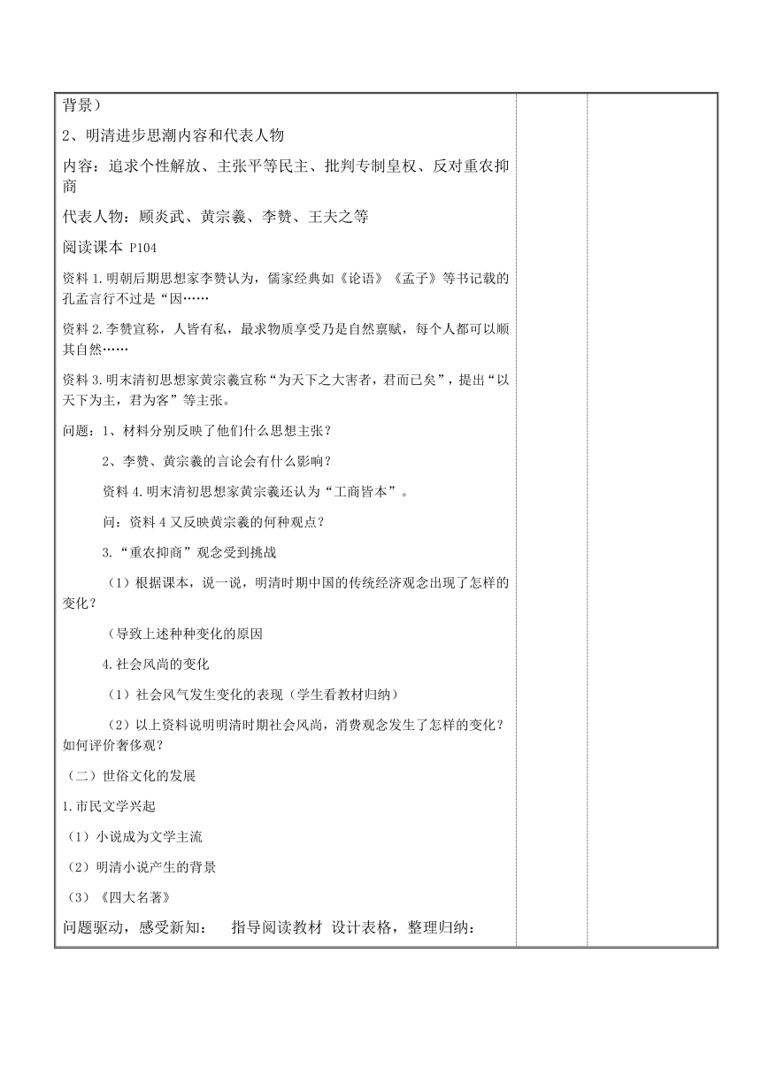 第21课 明清之际的进步思潮与世俗文学 教学设计（表格式）