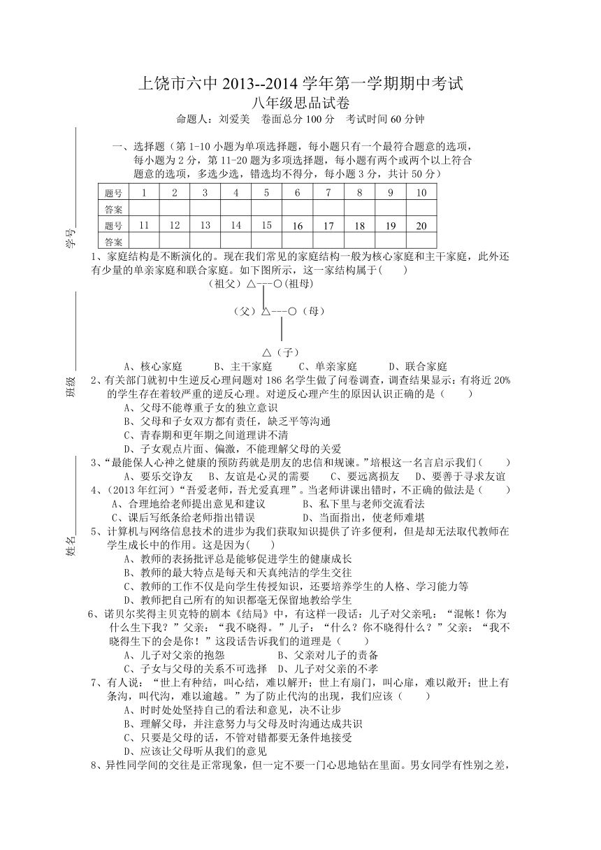 上饶市六中2013--2014学年第一学期期中考试八年级思品试卷