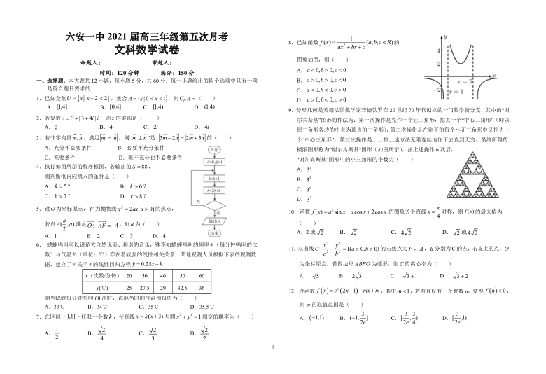 安徽省六安市一中2021届高三上学期1月第五次月考数学（文）试题 PDF版含答案